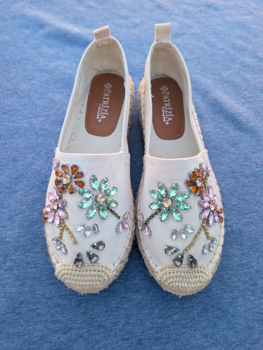 Patrizia Spring Step Women 39 Espadrille Flats Rhinestone Jeweled Floral Slip On